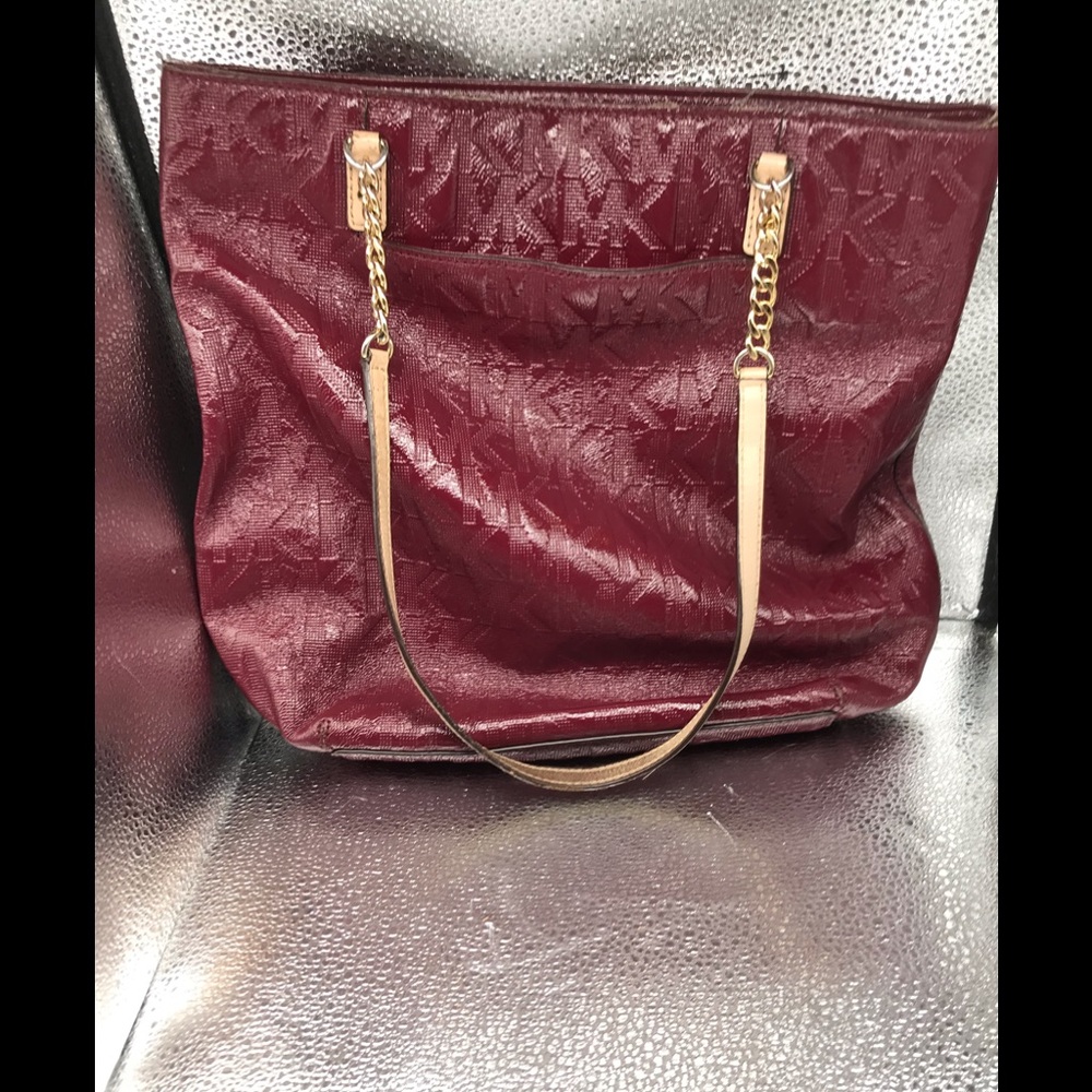 Michael Kors Maroon Embossed Logo Chain Tote Bag